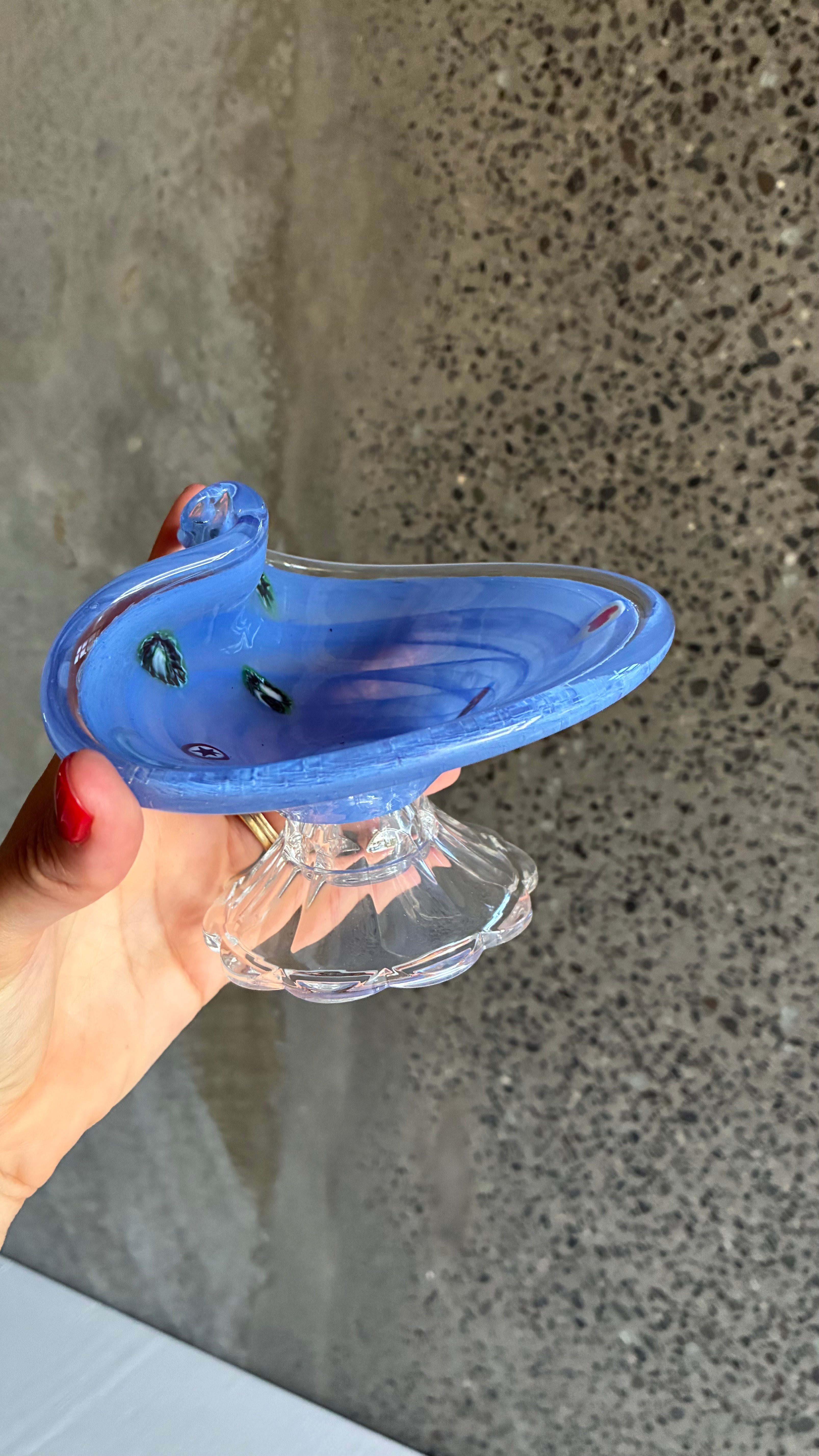 Murano Blue Glass pedestal Bowl and Fan vase