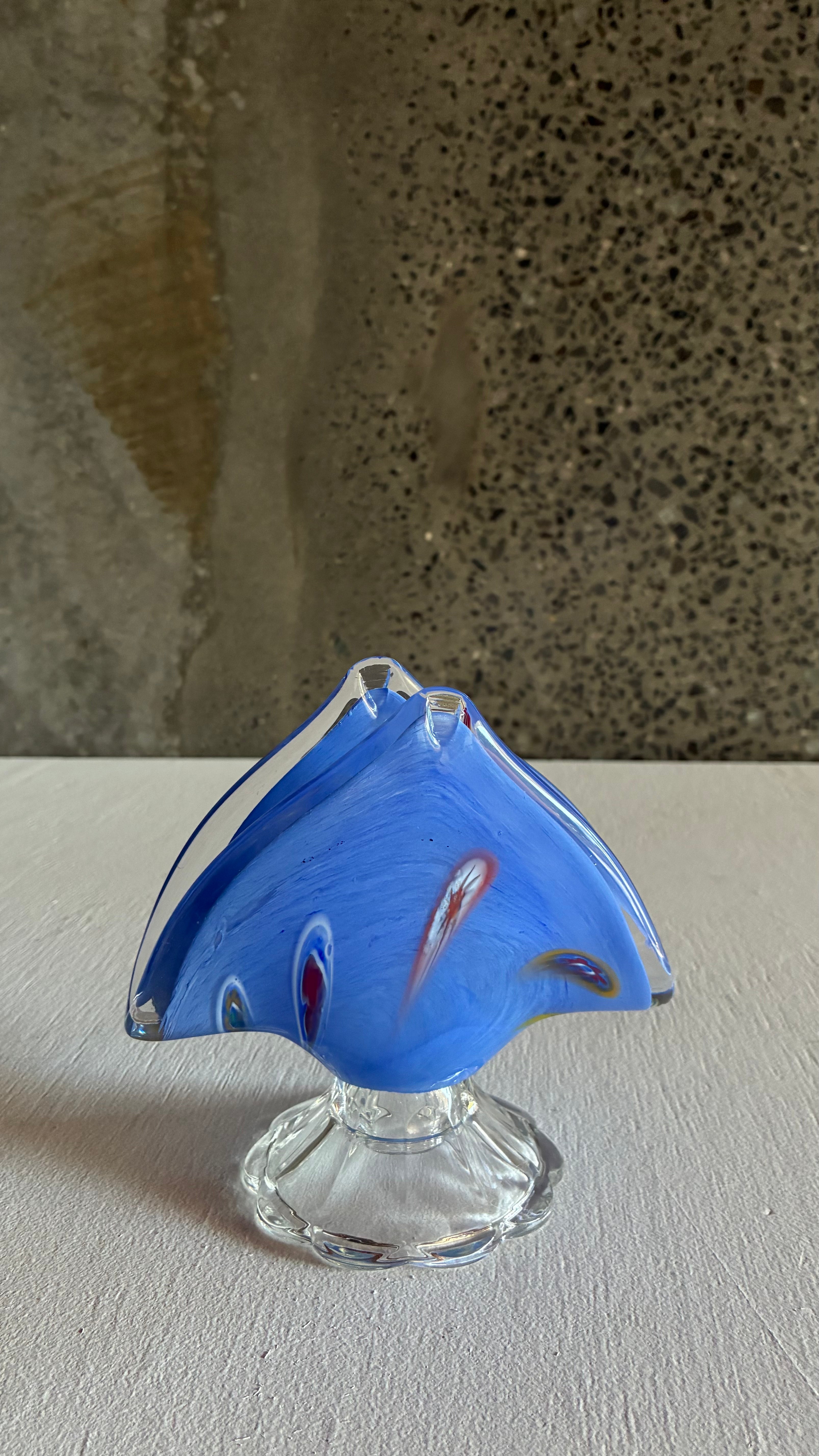 Murano Blue Glass pedestal Bowl and Fan vase
