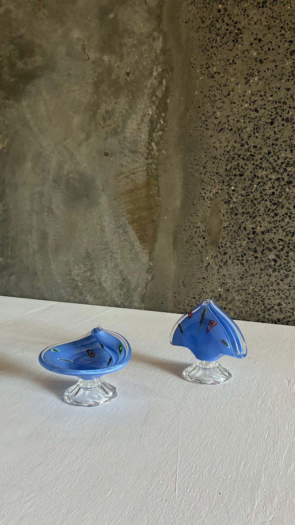 Murano Blue Glass pedestal Bowl and Fan vase