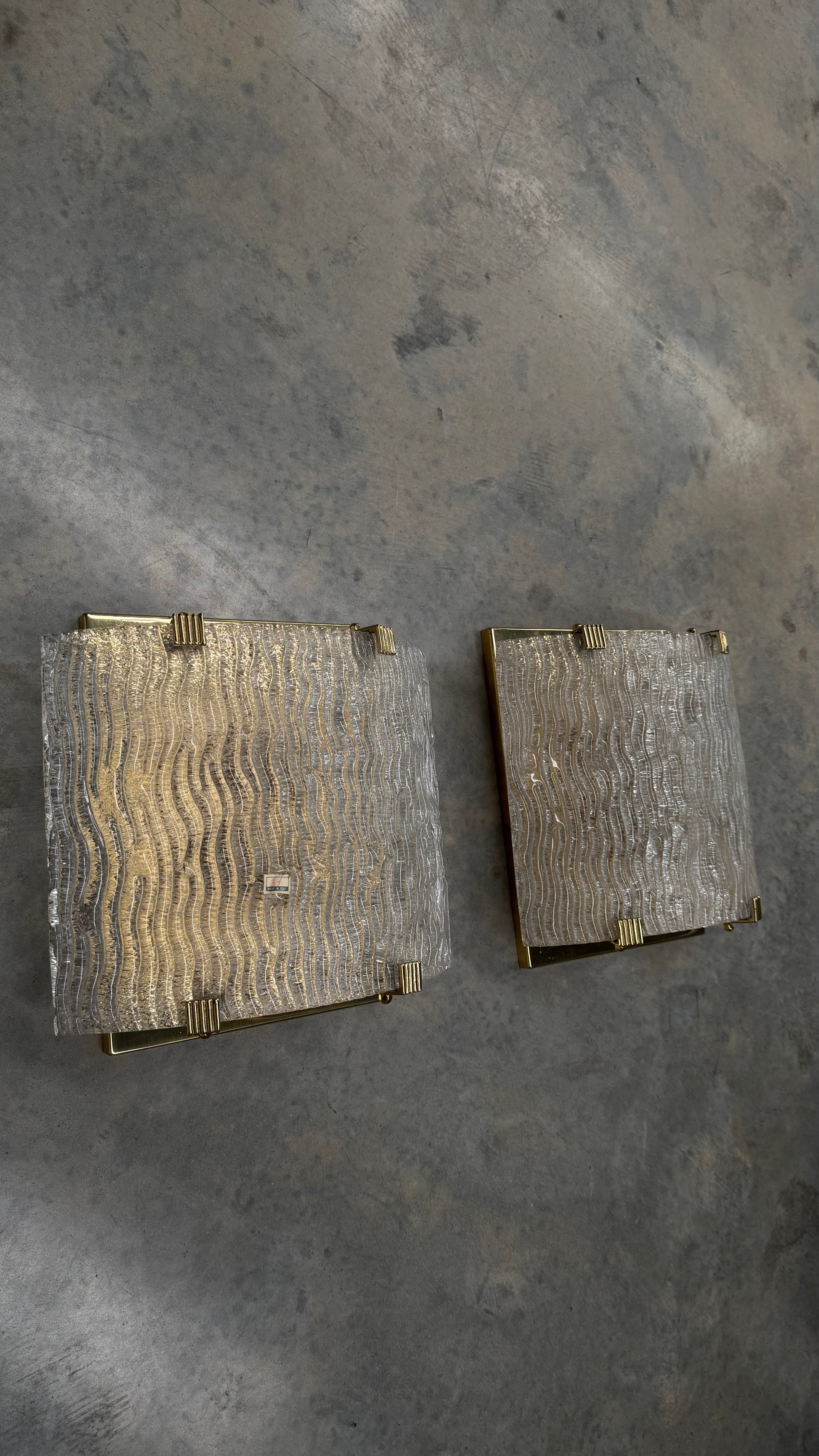 1970s Italian Murano Glass and Brass Wall Sconces