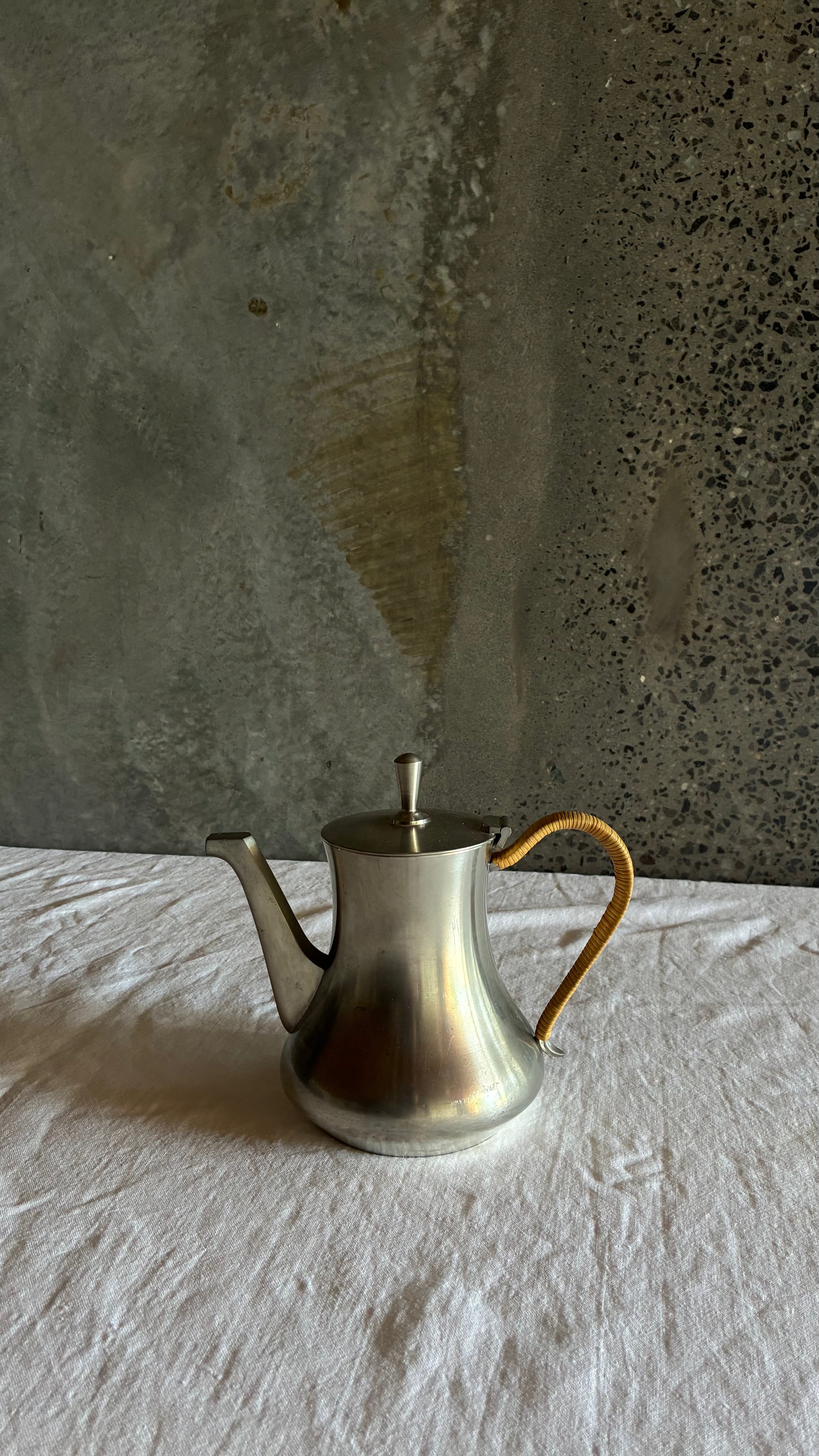 Modernist Selangor Pewter Tea Pot with Woven Rattan Handle