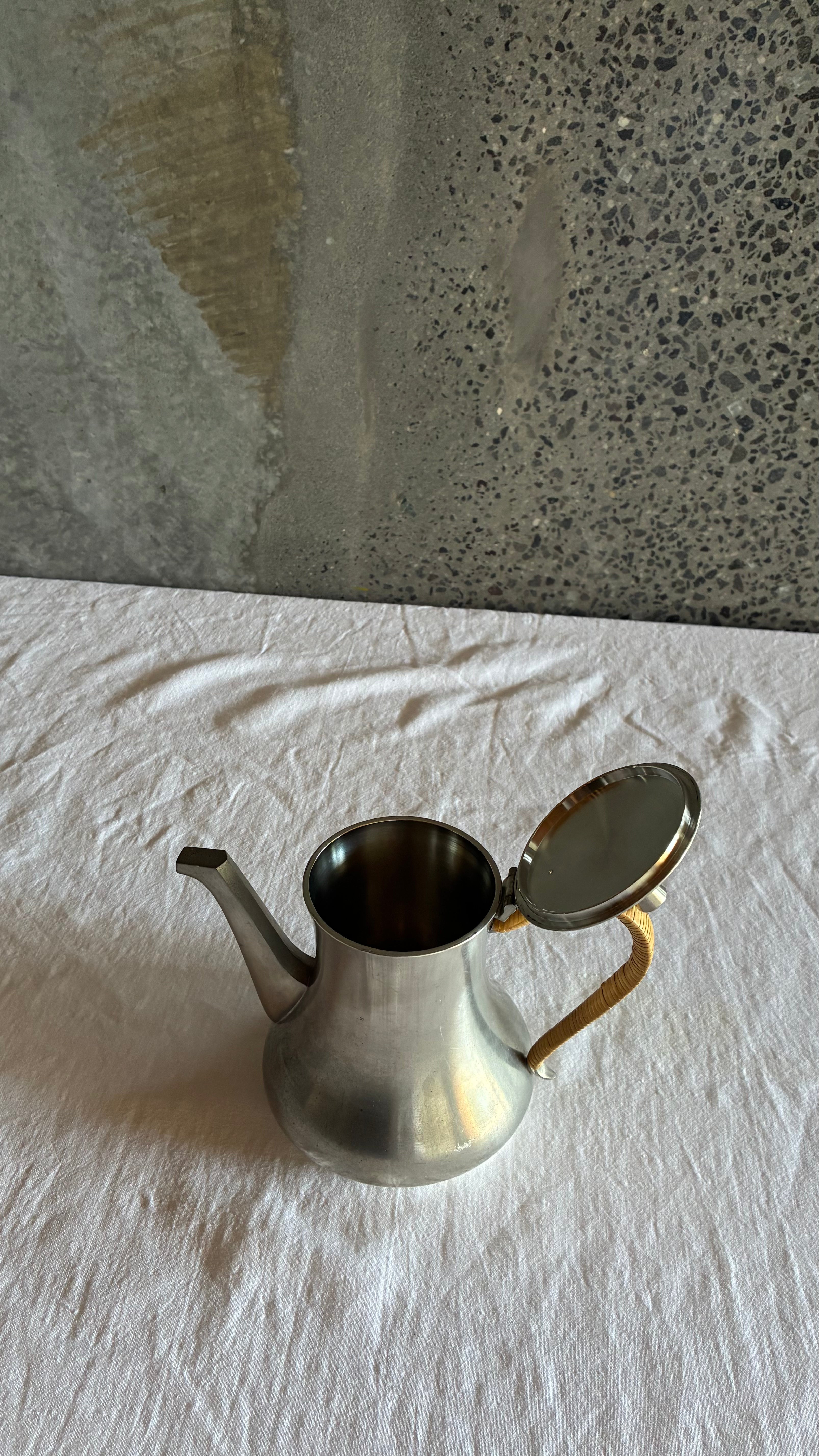Modernist Selangor Pewter Tea Pot with Woven Rattan Handle