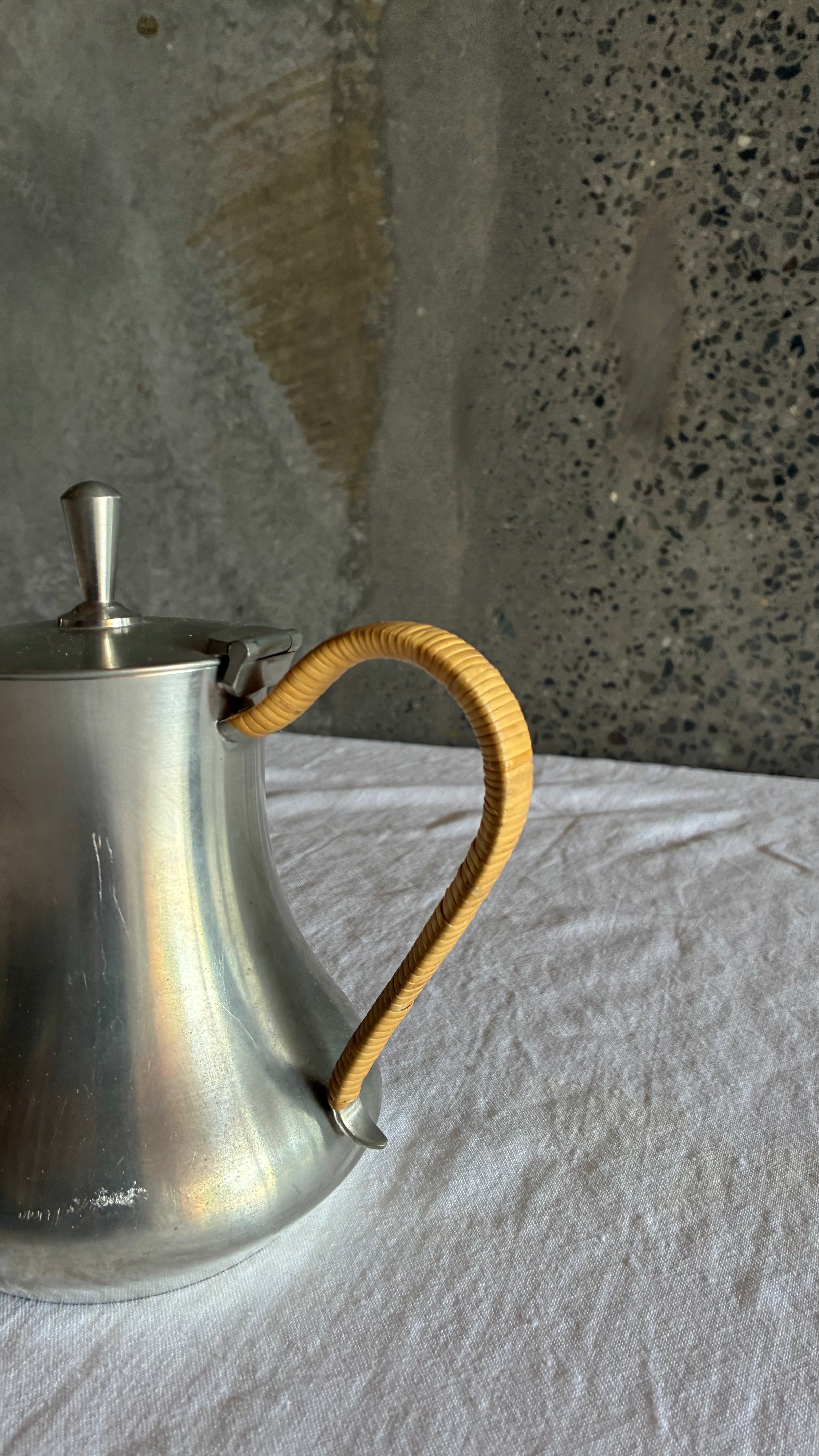 Modernist Selangor Pewter Tea Pot with Woven Rattan Handle