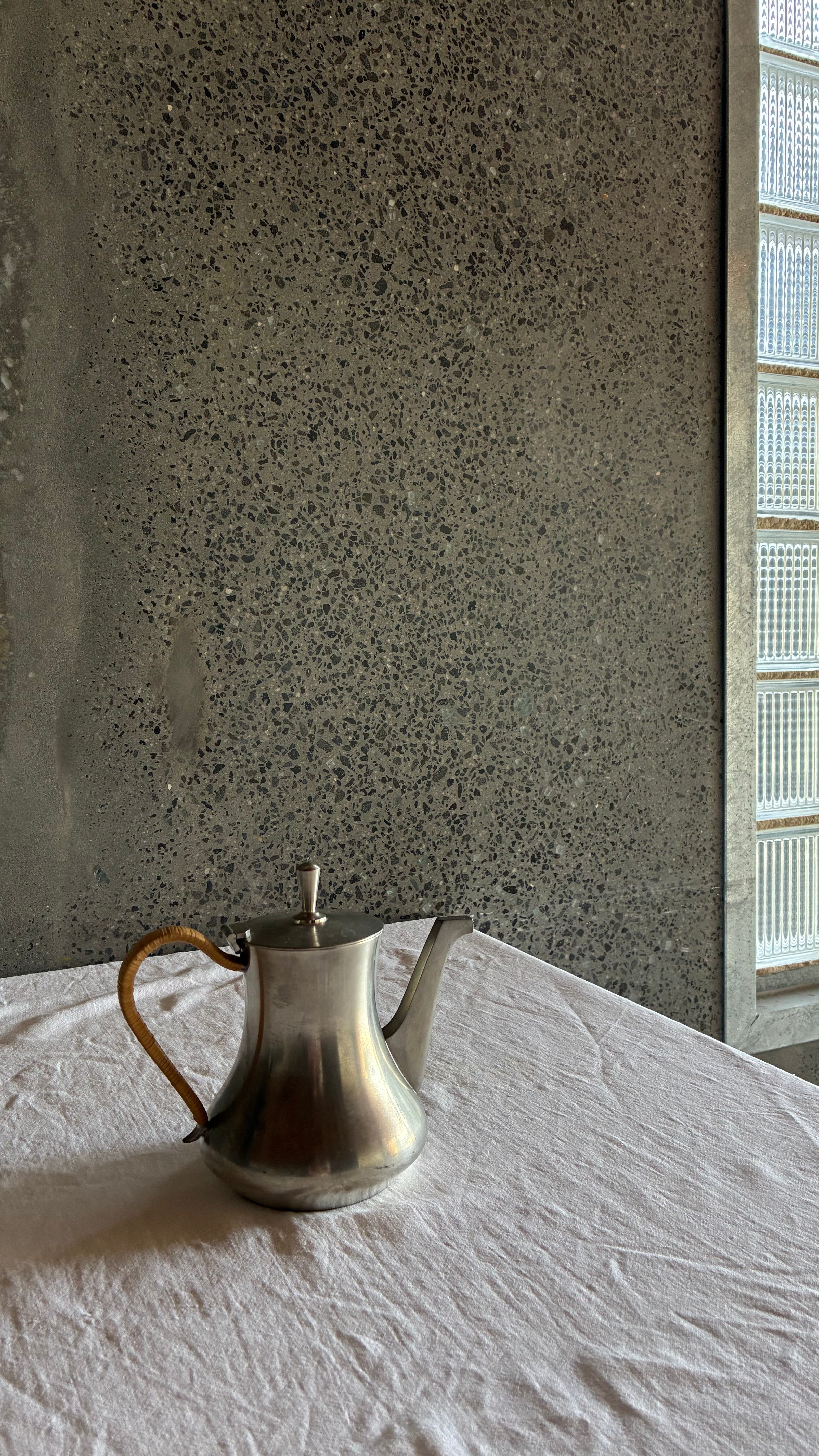 Modernist Selangor Pewter Tea Pot with Woven Rattan Handle