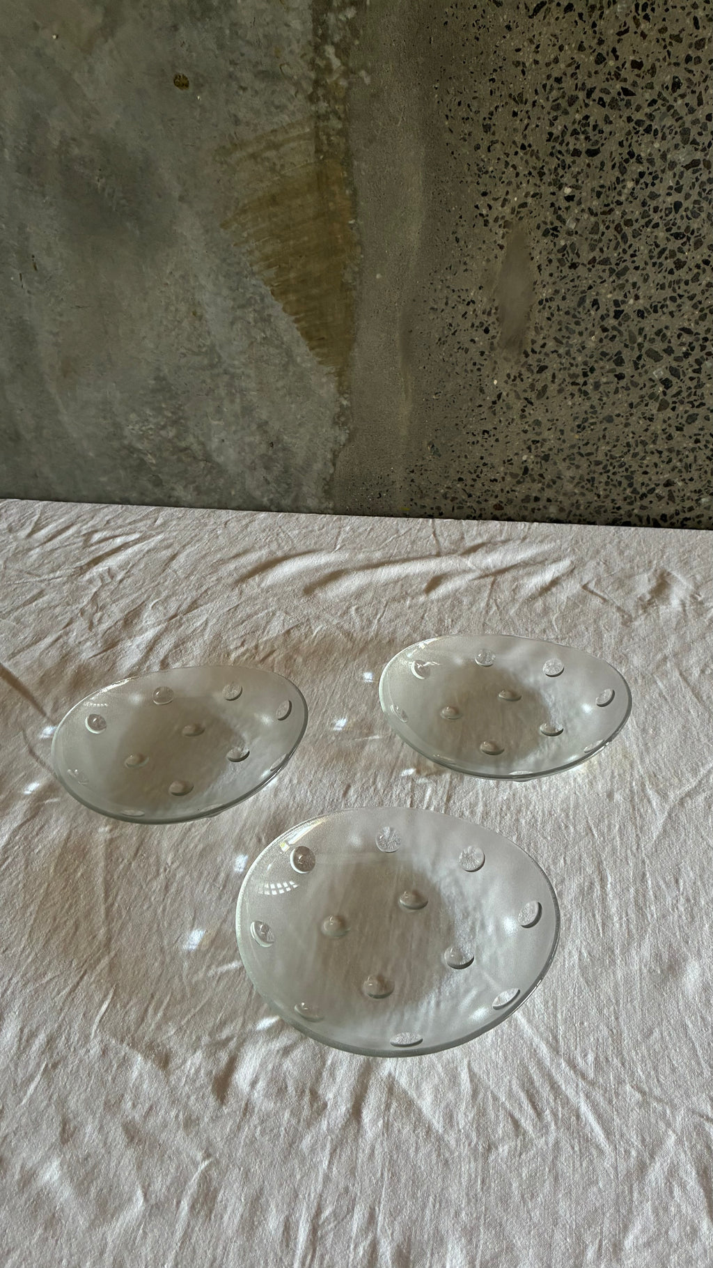 Set of Three Frosted Glass Serving Dishes with Applied Dots 1970s