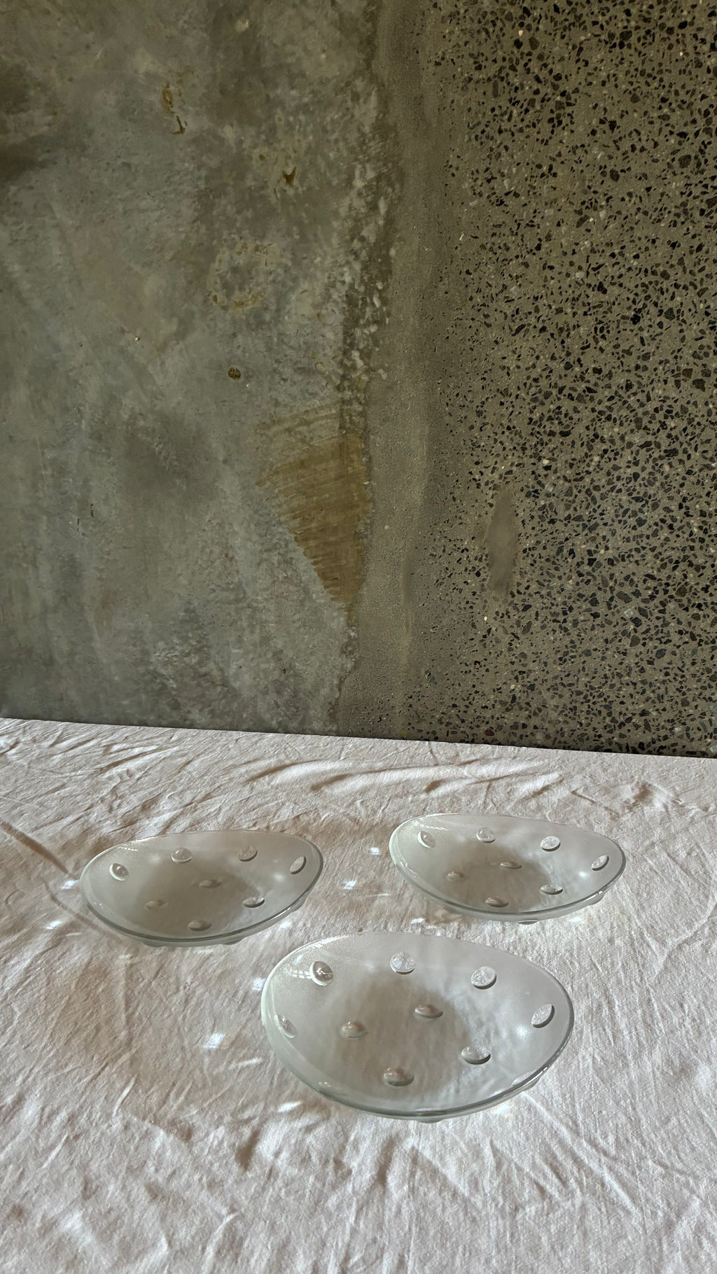 Set of Three Frosted Glass Serving Dishes with Applied Dots 1970s