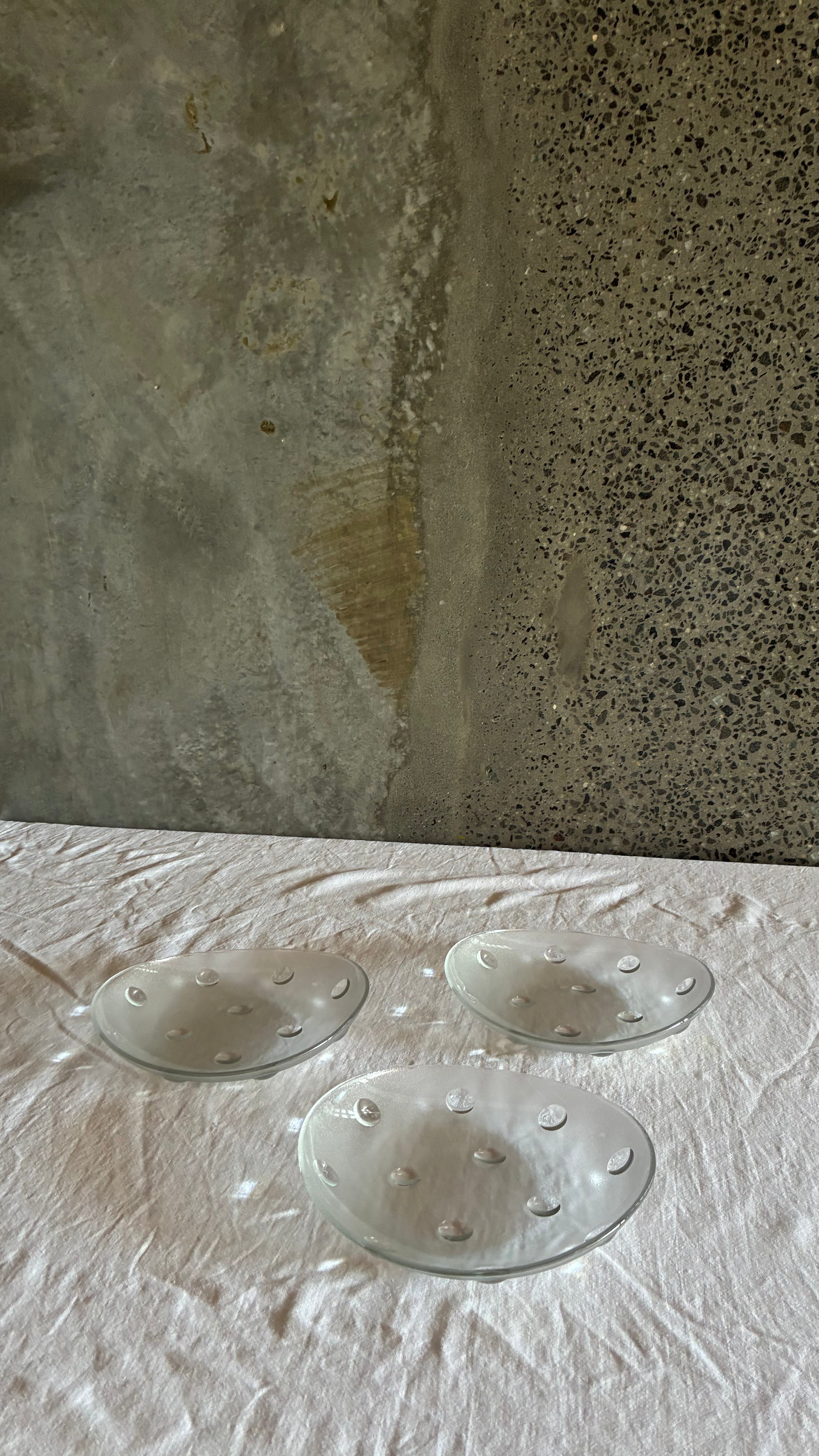 Set of Three Frosted Glass Serving Dishes with Applied Dots 1970s