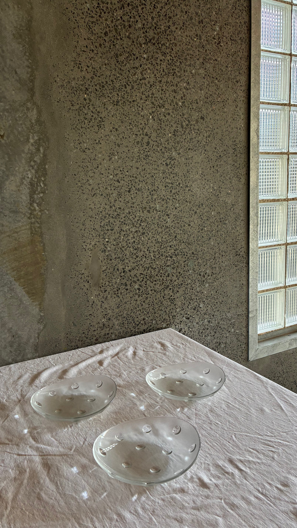 Set of Three Frosted Glass Serving Dishes with Applied Dots 1970s
