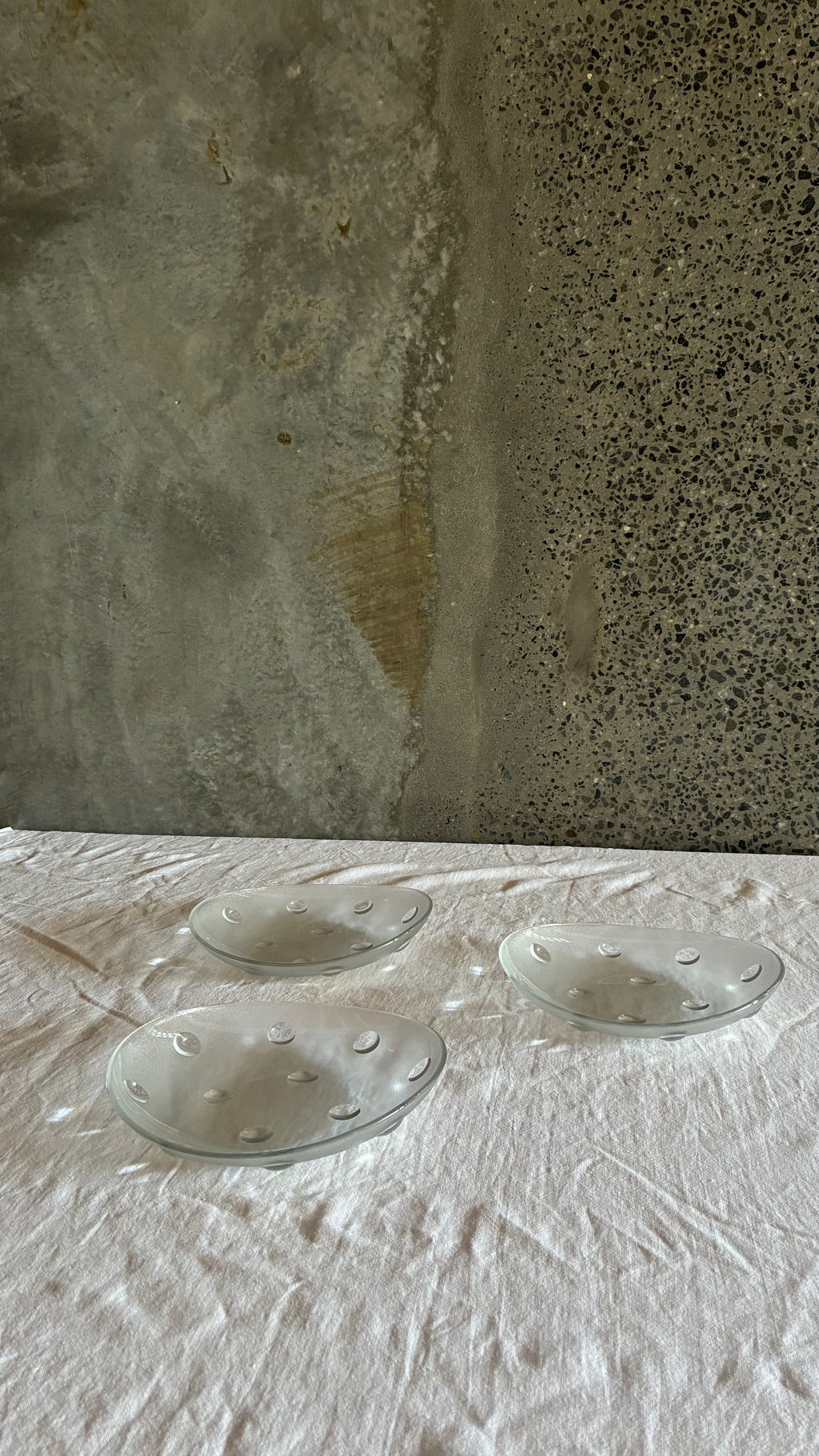 Set of Three Frosted Glass Serving Dishes with Applied Dots 1970s