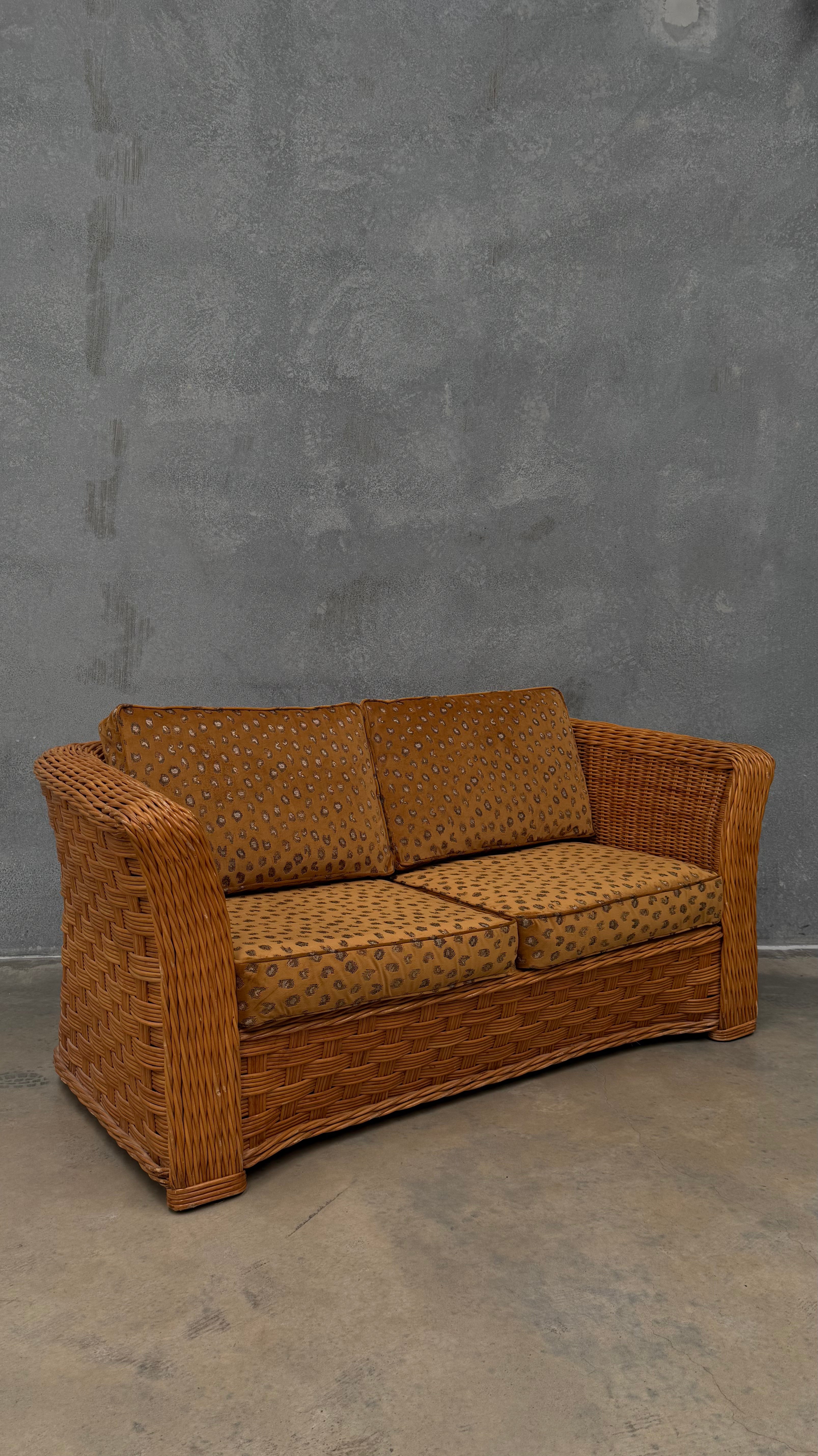 1980s Woven Rattan Two Seater Sofa
