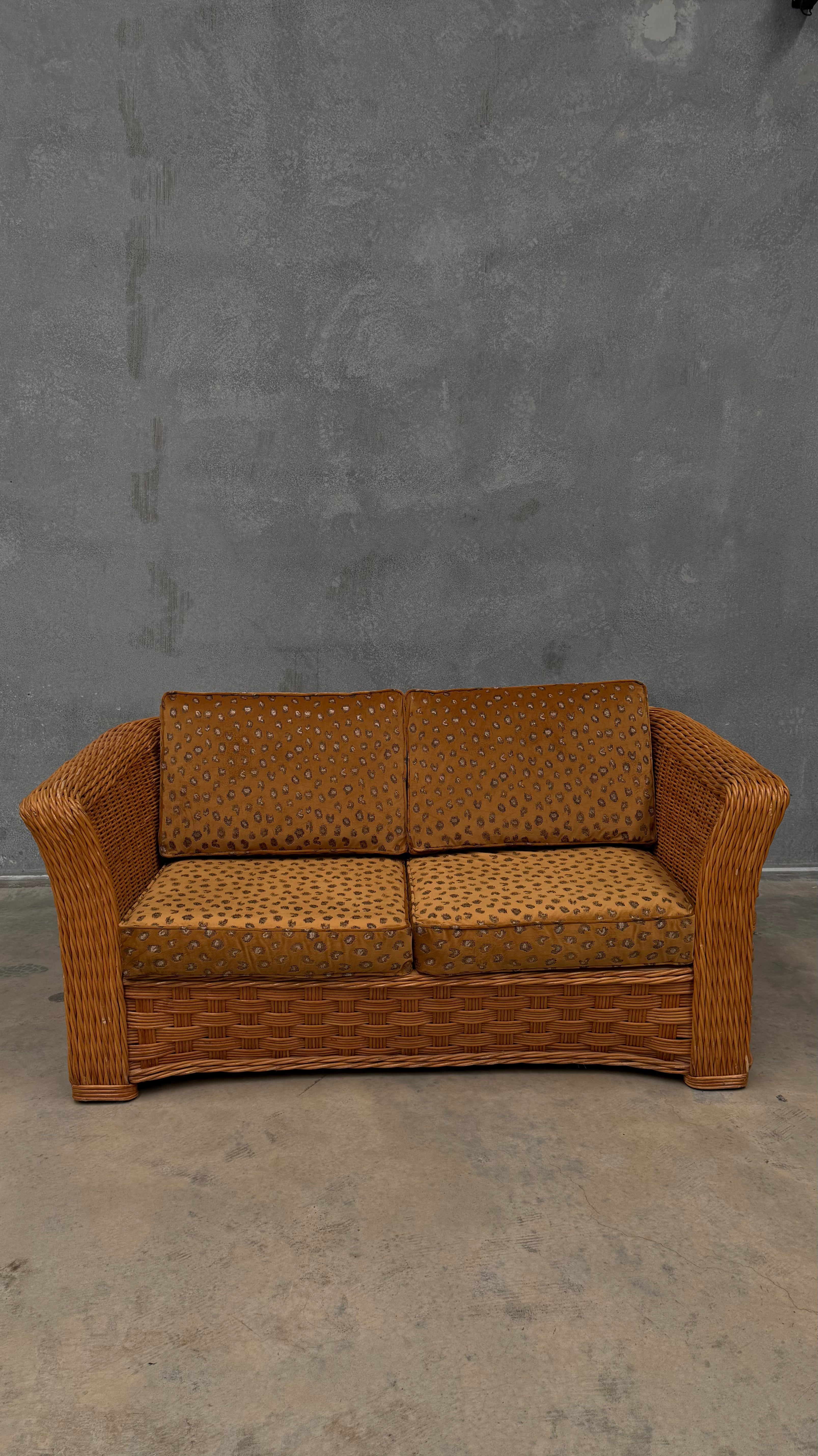 1980s Woven Rattan Two Seater Sofa
